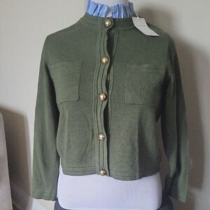 Elegant Olive Green Women's Blazer with Gold Accents. 54 % Cotton. NWT.